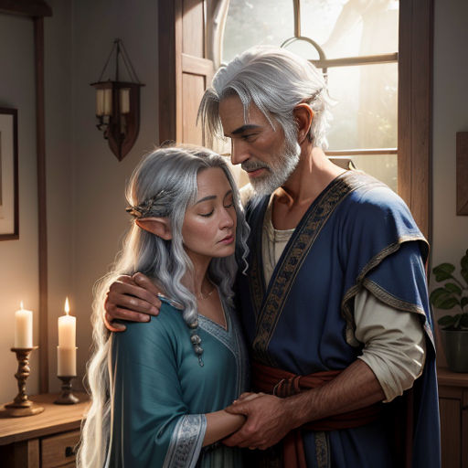 a man and woman dressed in medieval clothing standing next to each other in front of a window with candles