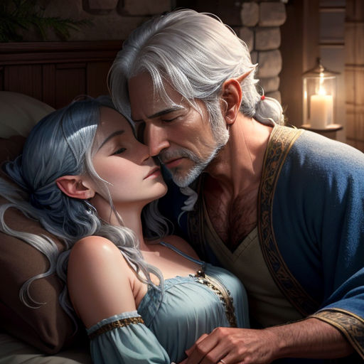 a man and woman are kissing on a bed together, with a candle lit room in the background and a lit candle lit room behind them