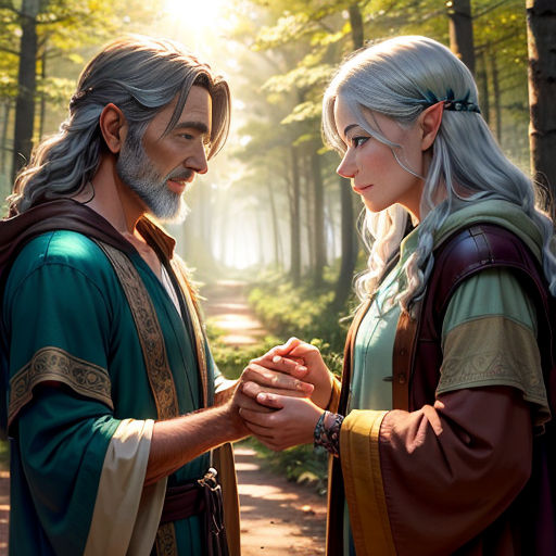 a man and a woman standing in the woods holding hands and looking at each other with a forest background