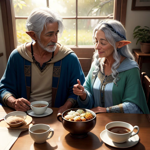a man and woman sitting at a table with a bowl of food and a bowl of soup in front of them