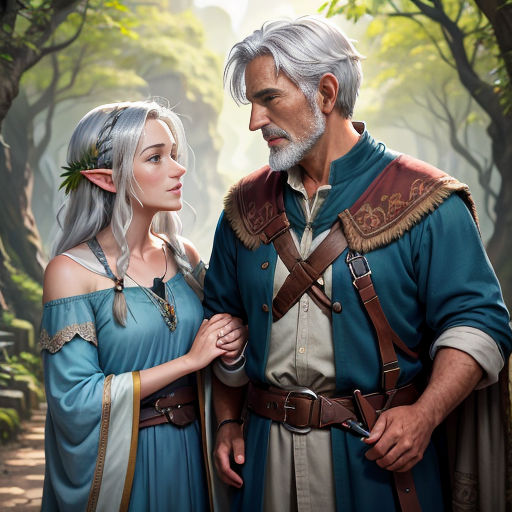 a man and a woman standing next to each other in a forest with trees and bushes behind them, one of them is wearing a blue dress and the other is wearing a white