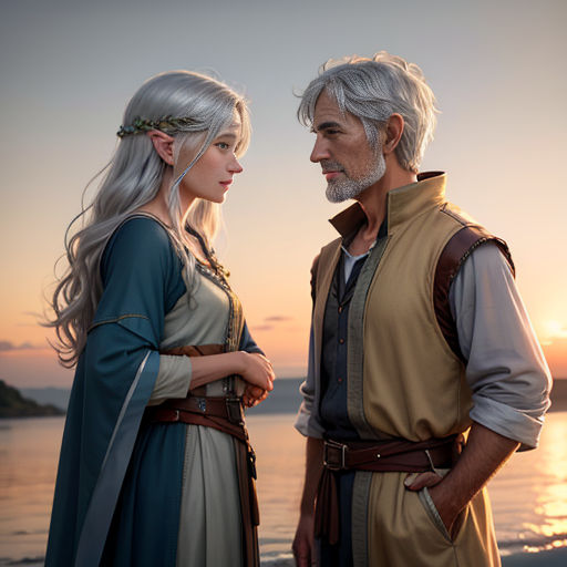 a man and a woman standing next to each other on a beach at sunset with the sun setting behind them