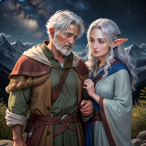 a man and a woman standing next to each other in front of a mountain range with stars in the sky