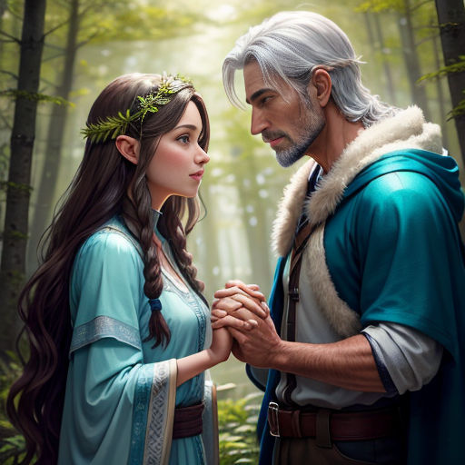 a man and a woman standing in the woods together, holding hands and looking at each other with a forest background