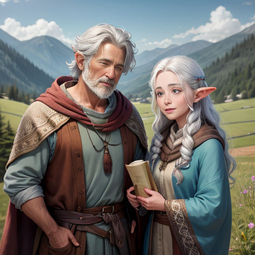 a man and a woman standing next to each other in a field with mountains in the background and a sky with clouds