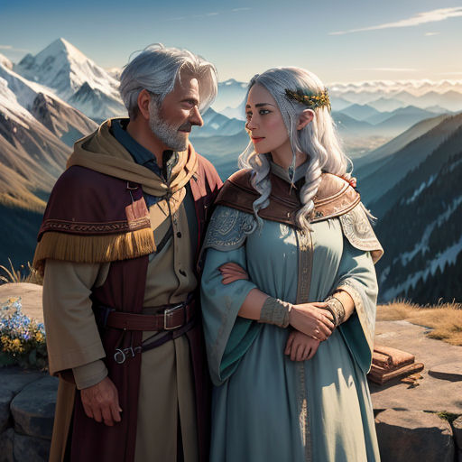 a man and a woman standing next to each other in front of mountains and snow capped mountains with a sky background