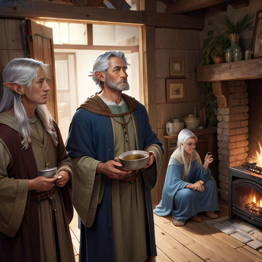 a man and woman standing in front of a fire place with a bowl of food in front of them
