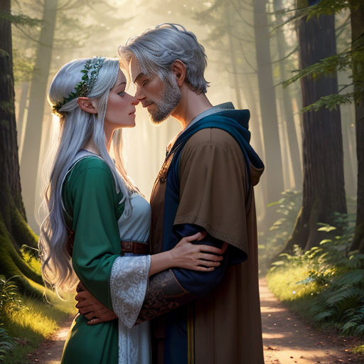 a man and a woman are standing in the woods together, kissing and embracing each other, with the sun shining through the trees behind them
