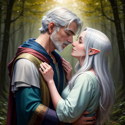 a man and woman are kissing in the woods with a light shining through the trees behind them, and a man with white hair and beard and white hair