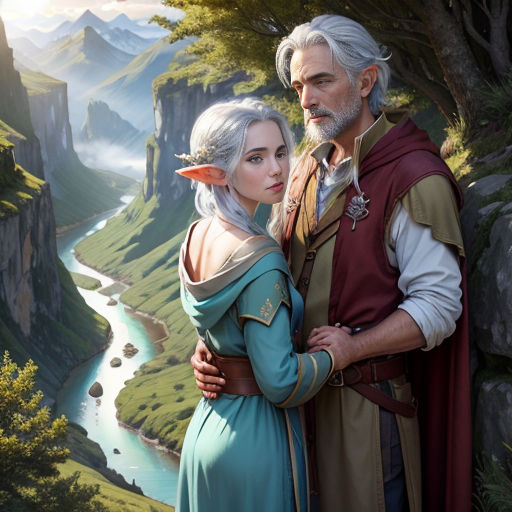 a man and woman standing next to each other in a forest with mountains and a river behind them, with a bird flying overhead