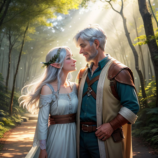 a man and a woman dressed in medieval costumes standing in a forest with sunlight streaming through the trees behind them
