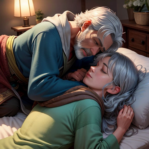 a man and a woman laying on a bed together, with a lamp on the side of the bed