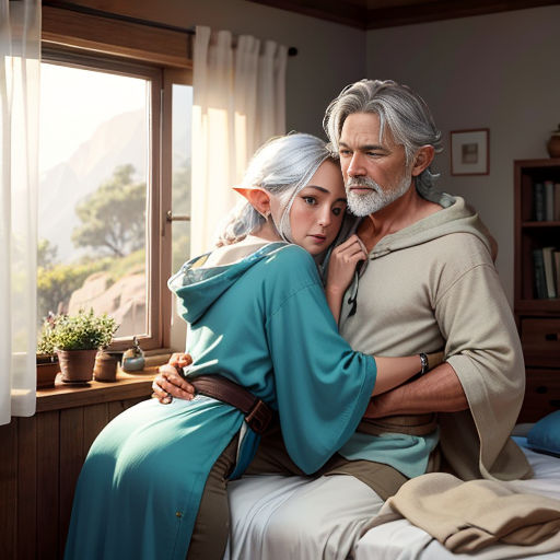 a man and woman are hugging in a bedroom with a window behind them and a mountain view behind them