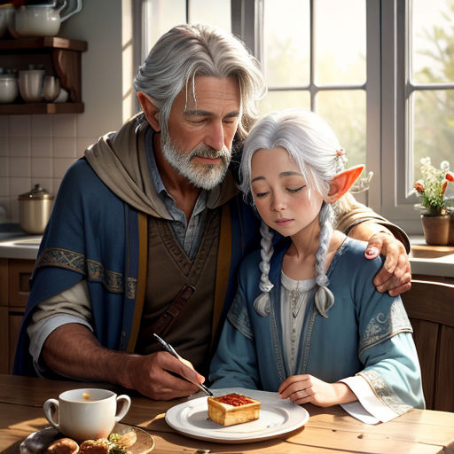 a man and a woman are sitting at a table with a plate of food and a cup of coffee