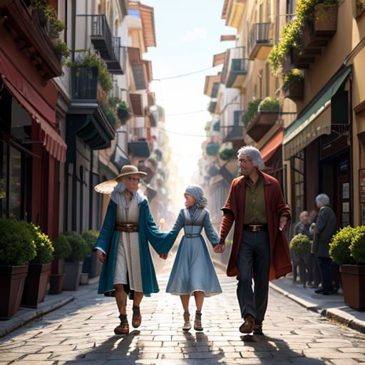 a group of people walking down a street holding hands and walking down a street lined with buildings and people