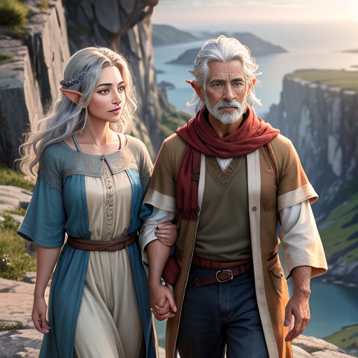a man and a woman holding hands walking down a cliff side path with a view of the ocean and mountains