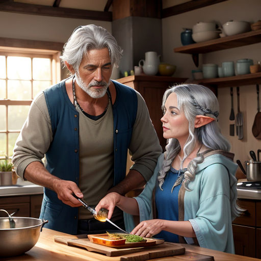 a man and a woman are cooking in a kitchen together, one is cutting a sandwich and the other is looking at the camera