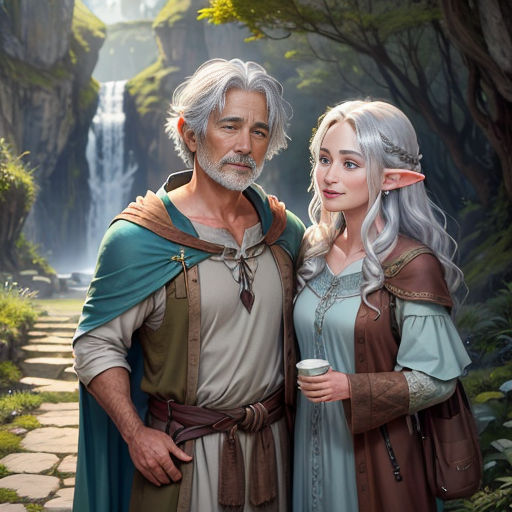 a man and a woman standing next to each other in a forest with a waterfall in the background and a waterfall in the background
