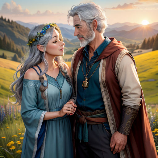 a painting of a man and a woman standing in a field with mountains in the background and a sunset