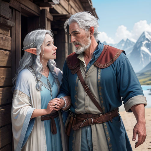 a man and a woman dressed in medieval clothing standing next to a building with mountains in the background and a lake in the foreground