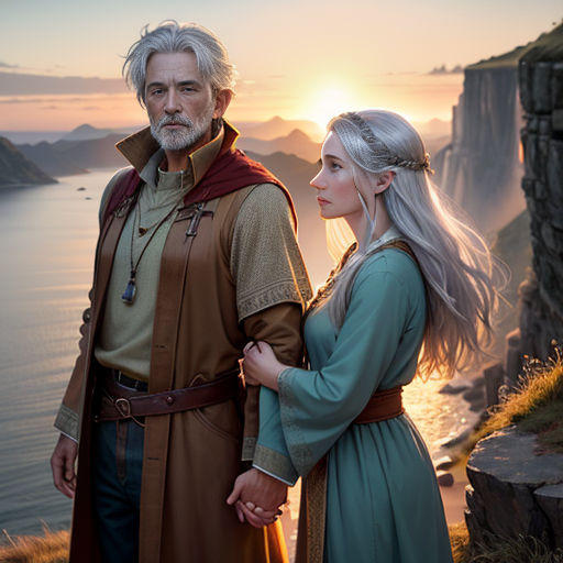 a man and a woman standing next to each other on a cliff overlooking the ocean at sunset with a view of the cliffs
