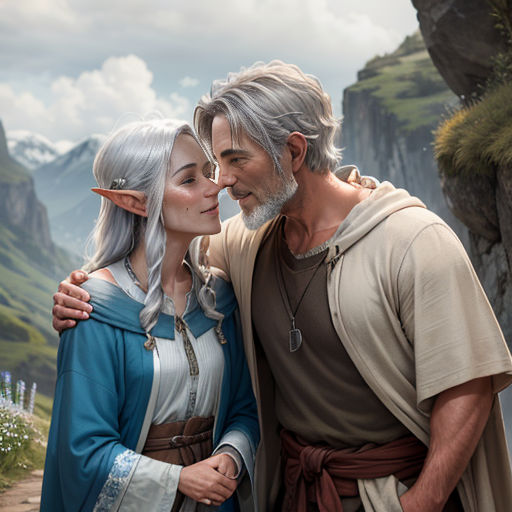 a man and woman are standing in front of a mountain and a valley with a waterfall in the background