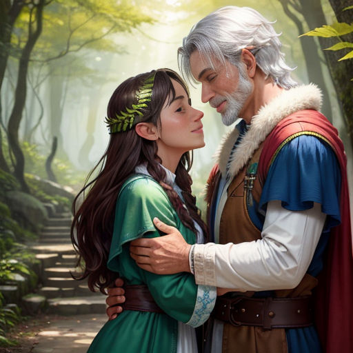 a man and woman in a forest with trees and stairs behind them, one of them is hugging the other