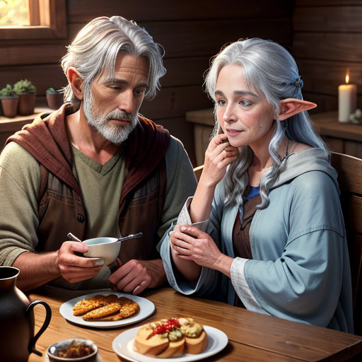 a man and woman sitting at a table with food in front of them, looking at a plate of food