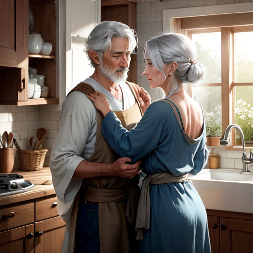 a man and woman standing in a kitchen next to a sink and a window with a sun shining through the window