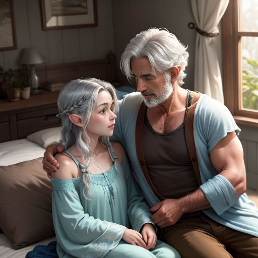 a man and a woman sitting on a bed together, one of them is wearing a blue dress and the other is wearing a brown shirt