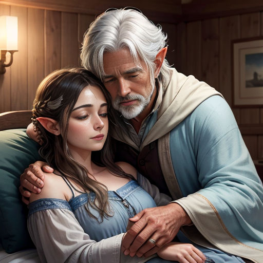a man and a woman are sitting on a bed together, one is holding the other's arm