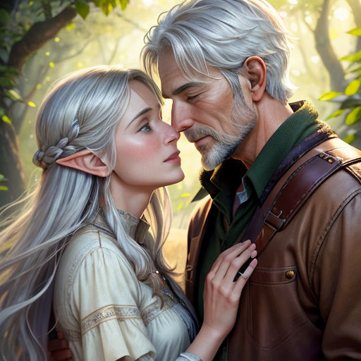 a man and a woman are kissing in the woods together, with trees in the background and sunlight shining through the leaves