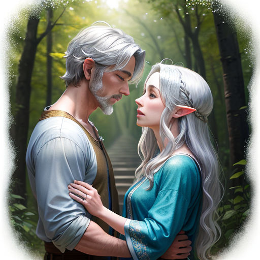 a man and a woman are standing in the woods together, with a forest background and a path leading to them