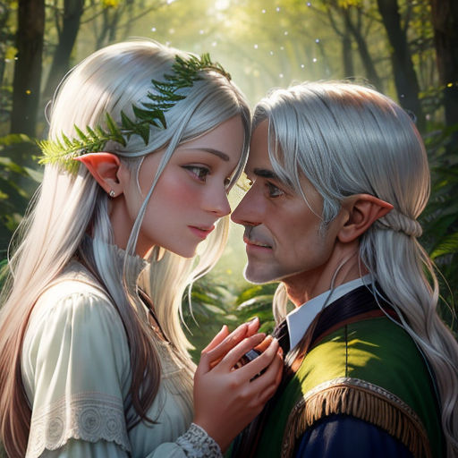 a couple of people standing in a forest next to each other with leaves on their heads and a forest background