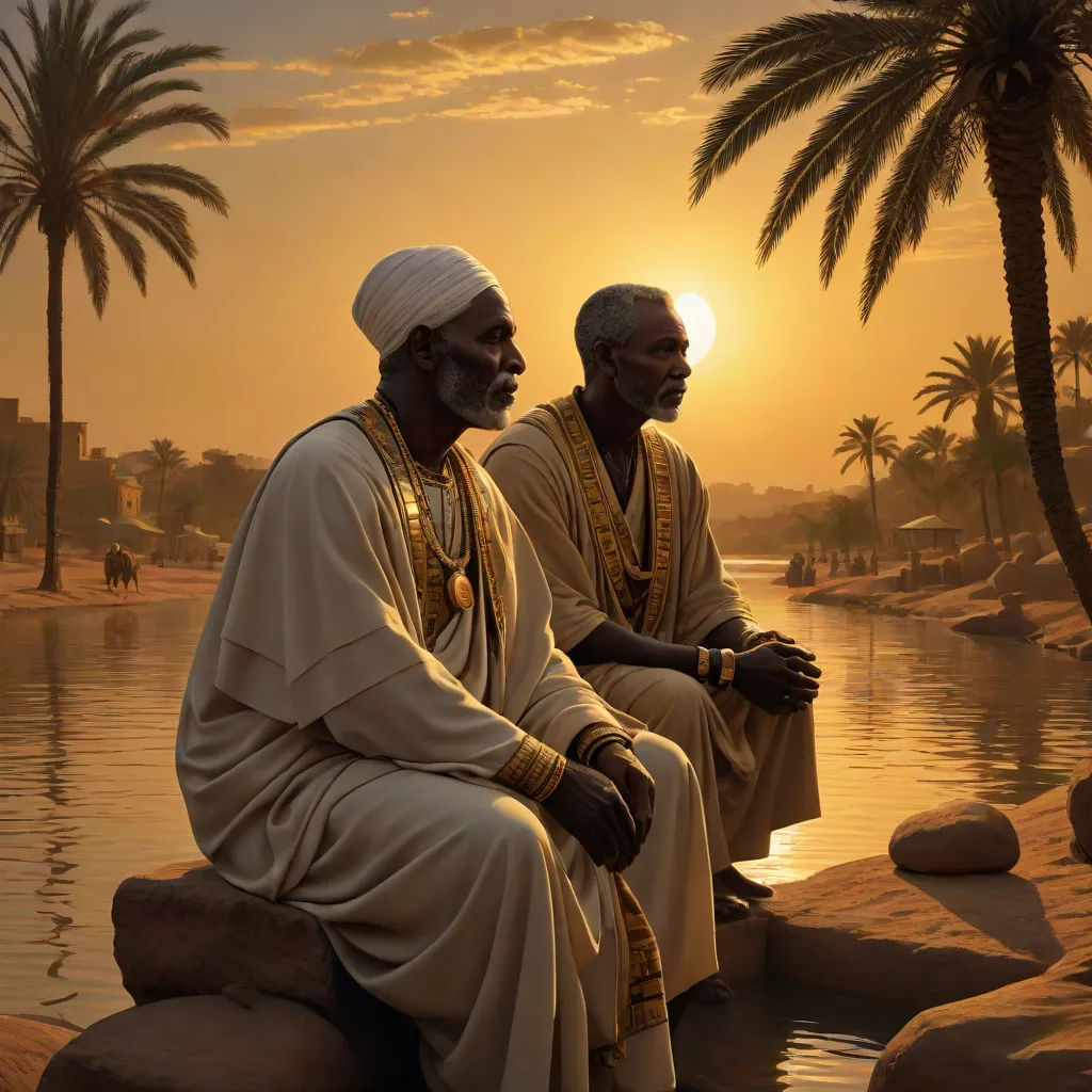 two men sitting on rocks in front of a body of water at sunset with palm trees in the background, Afewerk Tekle, afrofuturism, egyptian art, highly detailed digital painting