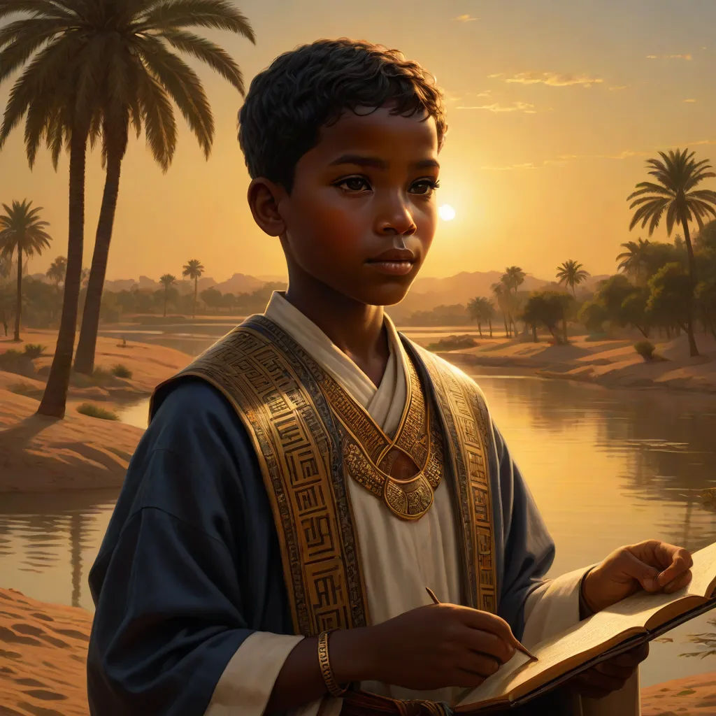 a painting of a boy in a desert setting with palm trees in the background and a river running through the middle, Clint Cearley, fantasy art, egyptian art, magic the gathering artwork