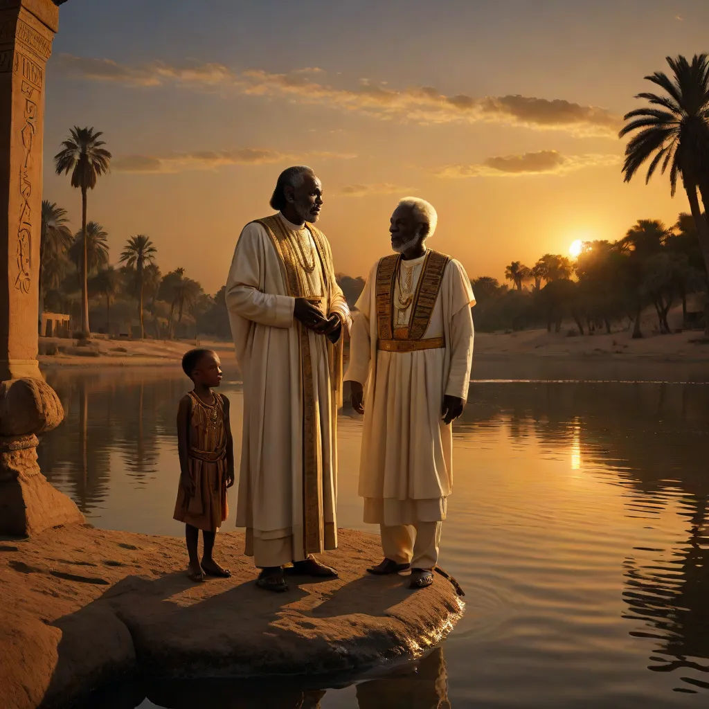 a painting of two men standing next to a little boy in front of a lake at sunset with palm trees, Christophe Vacher, afrofuturism, egyptian art, cinematic photography