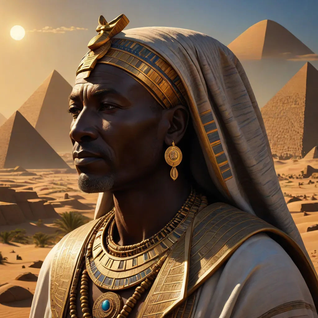 a man in a turban and gold jewelry in front of the pyramids of giza, egypt, Clint Cearley, afrofuturism, egyptian art, rossdraws global illumination