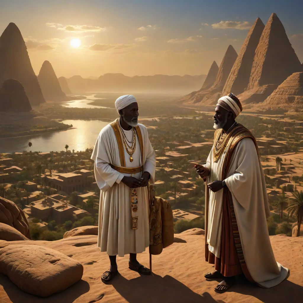 two men standing on a desert with a sunset in the background and a lake in the foreground, and a mountain in the background, Chris Moore, afrofuturism, egyptian art, cinematic photography