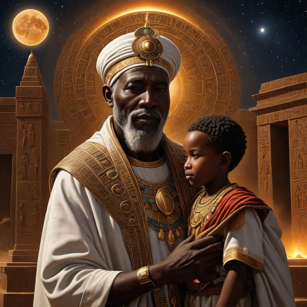 a painting of a man and a child in front of a moon and a building with a clock on it, Donato Giancola, afrofuturism, egyptian art, highly detailed digital painting