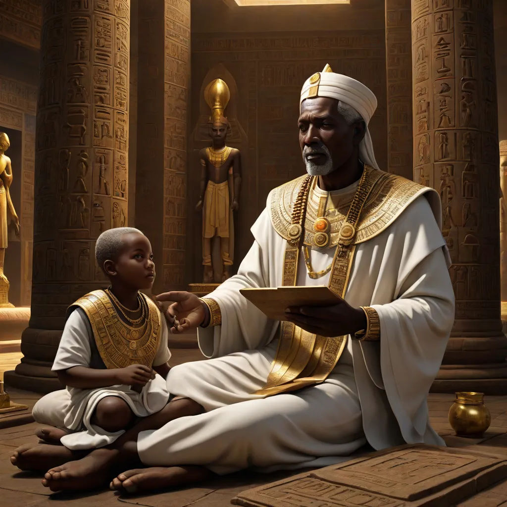 a man in a white outfit sitting next to a child in a room with statues of egyptian gods and pharaohs, Cedric Seaut (Keos Masons), afrofuturism, egyptian art, highly detailed digital art