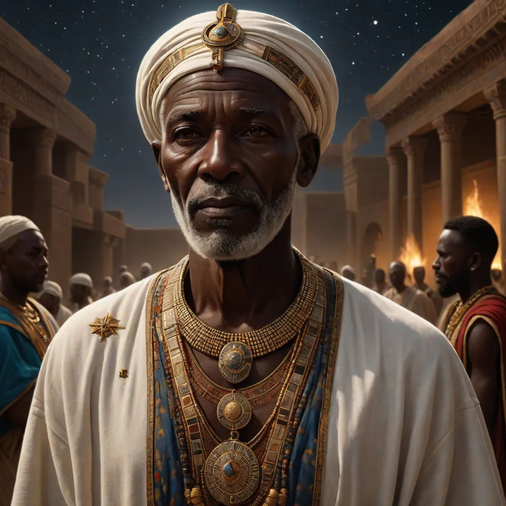 a man in a turban and a white turban stands in front of a group of men, Clint Cearley, afrofuturism, a detailed matte painting, highly detailed digital painting