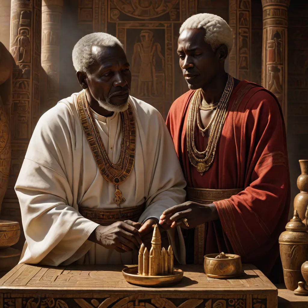 two men in ancient egyptian costumes are looking at a model of a temple in front of a statue of a man, Drew Struzan, afrofuturism, a detailed matte painting, cinematic photography