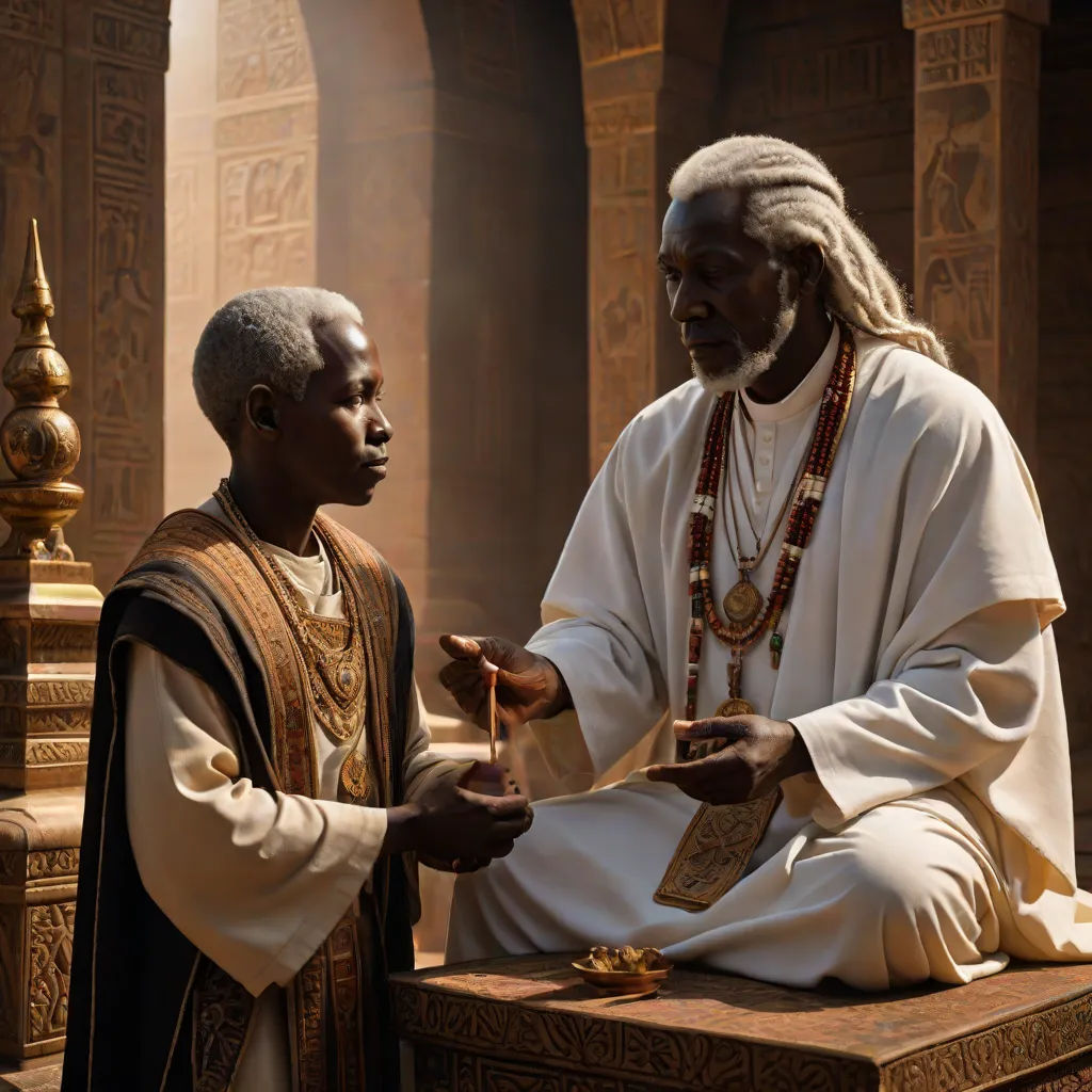 a man in a white robe and a man in a black robe are talking together in a courtyard with gold decorations, Ella Guru, afrofuturism, a detailed matte painting, promotional image