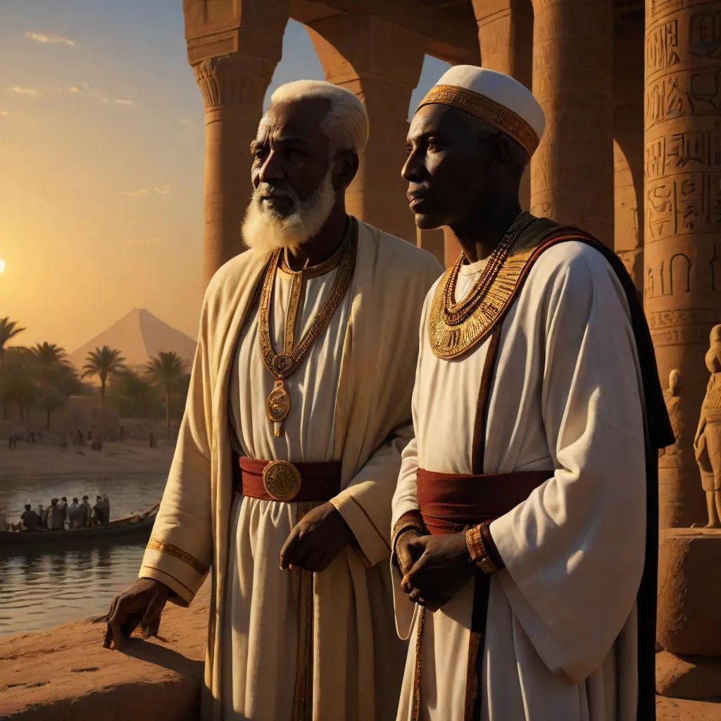 two men in ancient clothing standing next to a body of water at sunset in egypt, with a pyramid in the background, Cedric Seaut (Keos Masons), afrofuturism, egyptian art, vfx