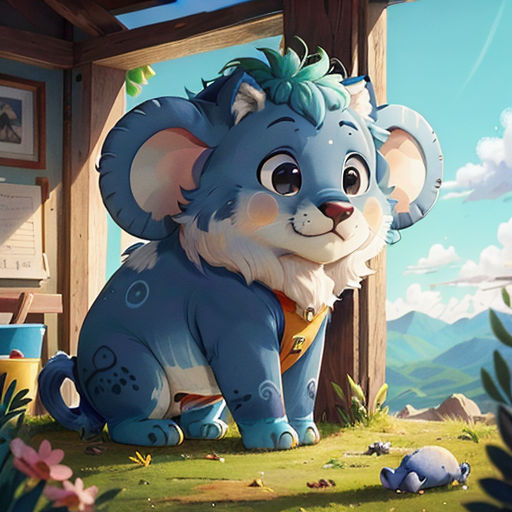 a cartoon mouse sitting on the ground in a field of grass and flowers, with a sky background and clouds