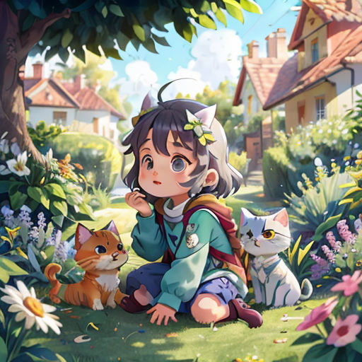 a girl sitting on the ground with two cats and a cat in front of her, and a cat behind her
