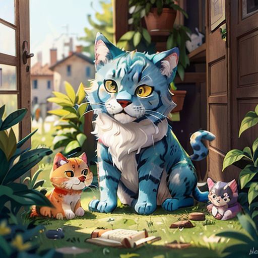 a cat and a kitten sitting in the grass near a door and a window with a cat looking out