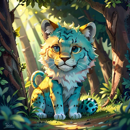 a painting of a baby tiger sitting in the woods with a blue eyes and a green tail, with a blue nose and tail, with a white and black nose, with a
