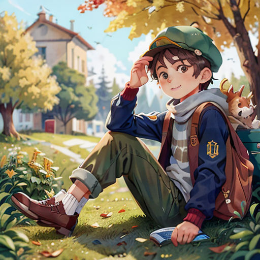 a boy sitting on the ground with a backpack and a dog in his lap, in front of a tree